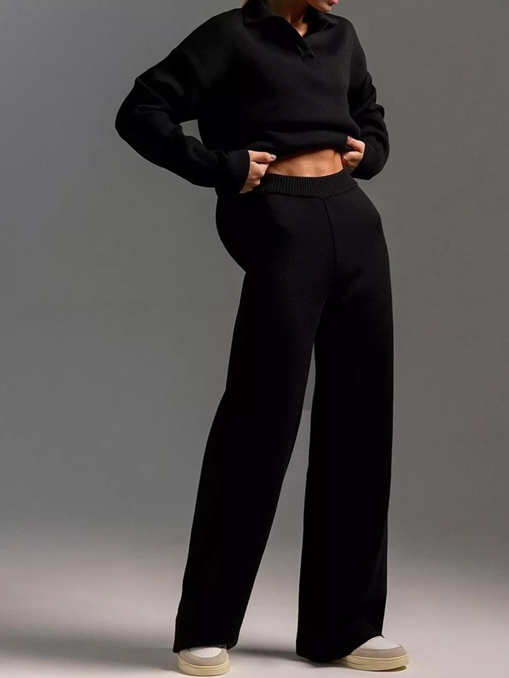 Polo Collar Top and Wide-Leg Pants Set, image 5
