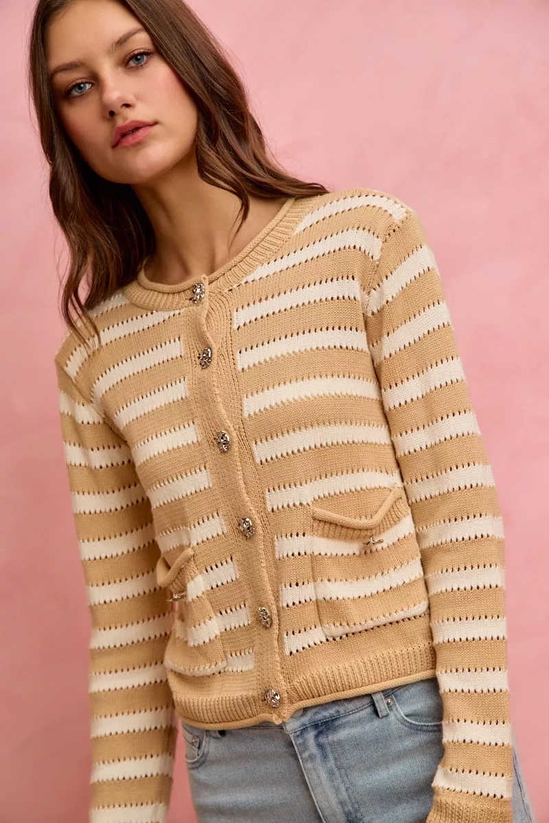 Stripe Long Sleeves Button Sweater Cardigan, image 22