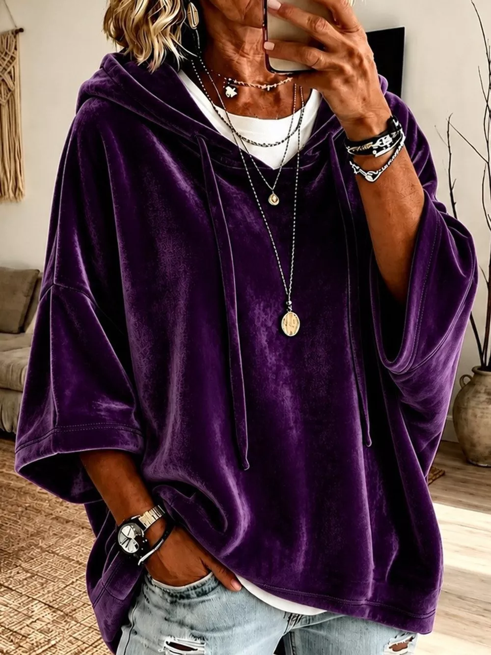 Full Size Velvet Short Sleeve Hoodie Plus Size, image 17