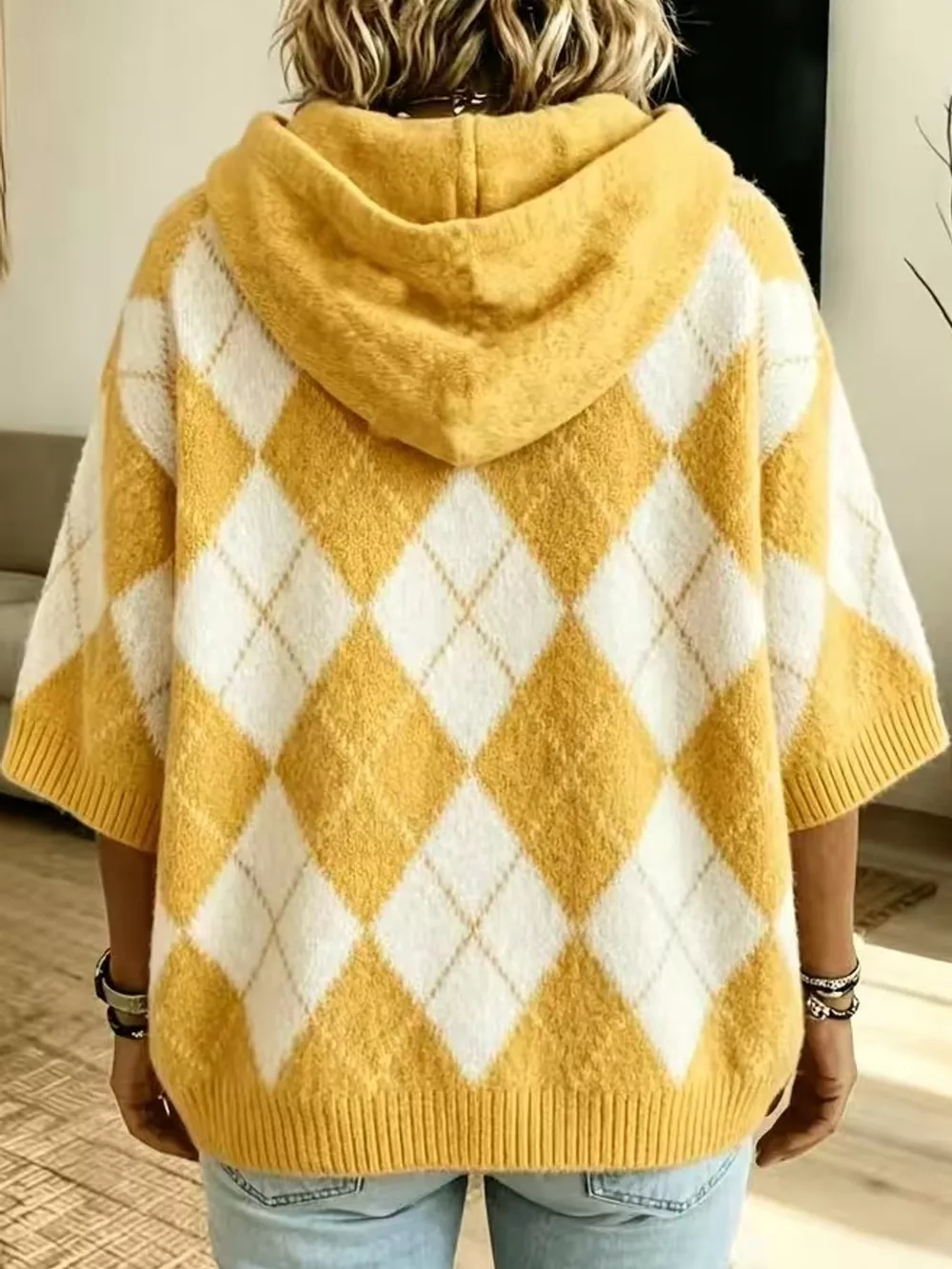 Full Size Argyle Pattern Hooded Sweater Plus Size, image 11