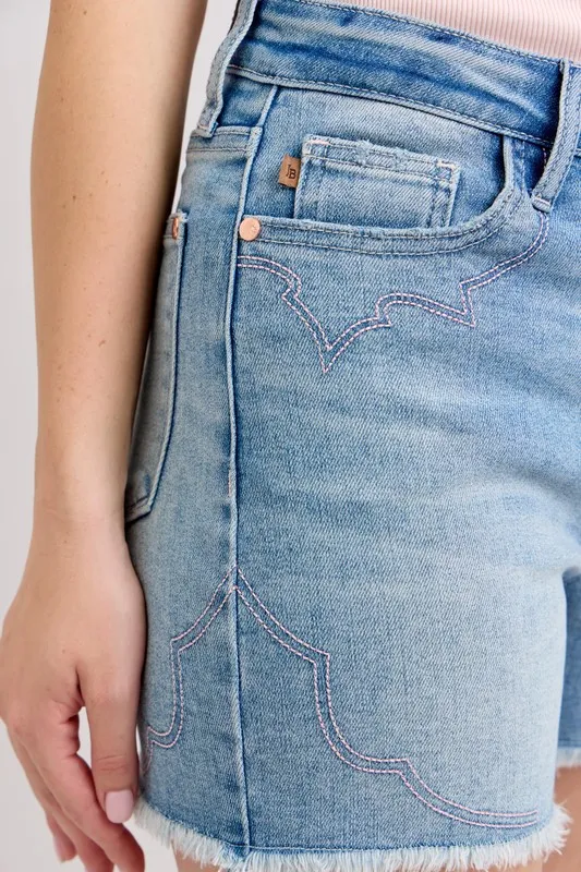 Full Size High Waist Western Embroidery Detail Cut Off Denim Shorts Plus Size, image 11