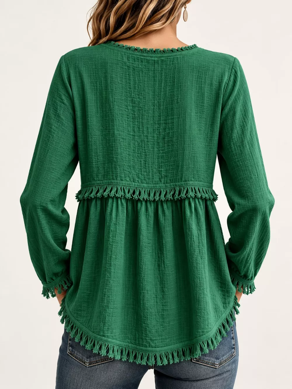 Full Size Fringed Trim V-Neck Long Sleeve Blouse Plus Size, image 71