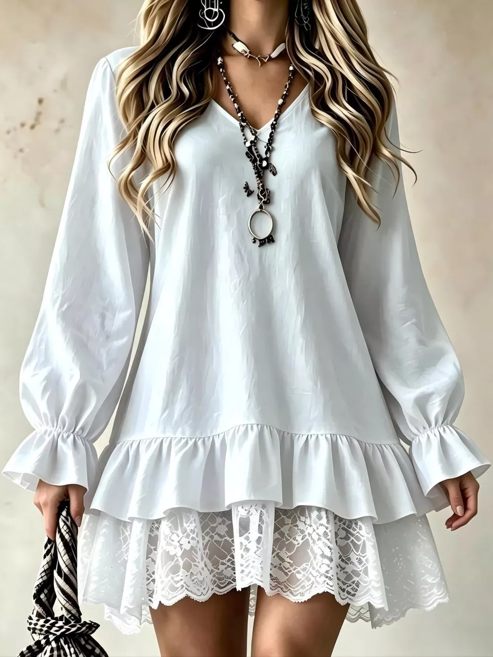 Lace Hem V-Neck Flounce Sleeve Dress