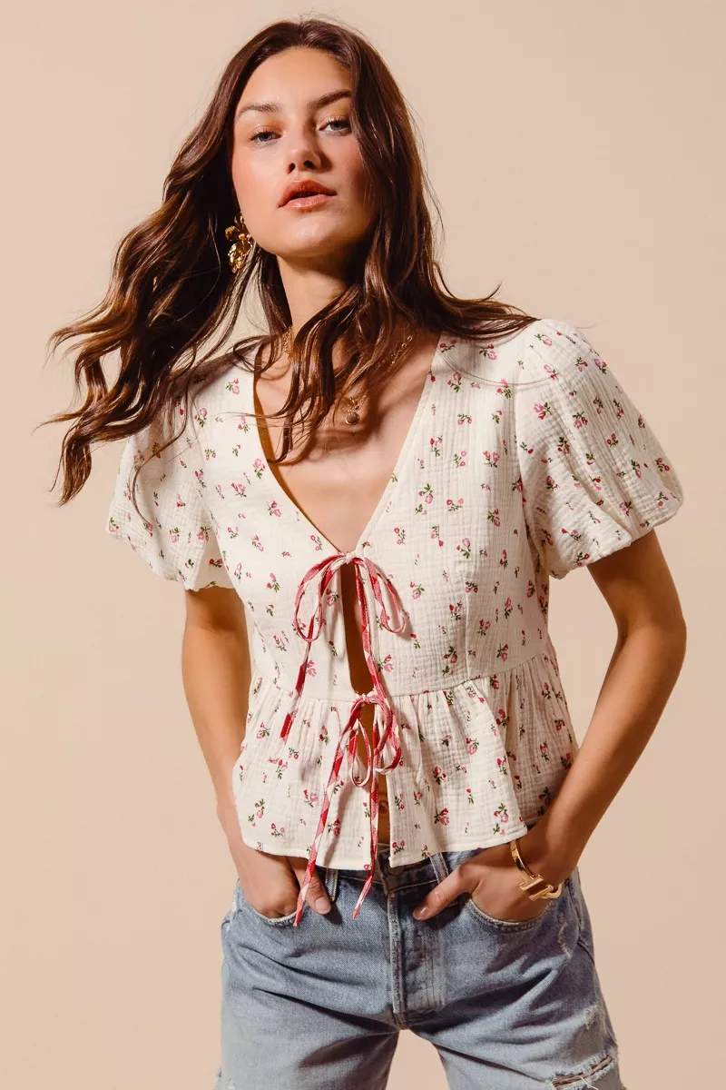 Ditsy Floral Print Gauze Tie-Front Blouse, image 3