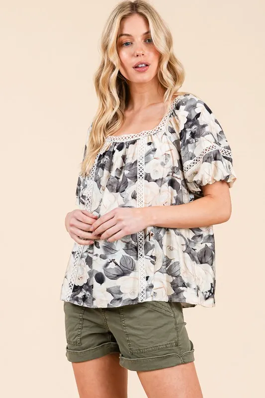 Floral Print Lace Trim Puff Sleeve Blouse, image 3