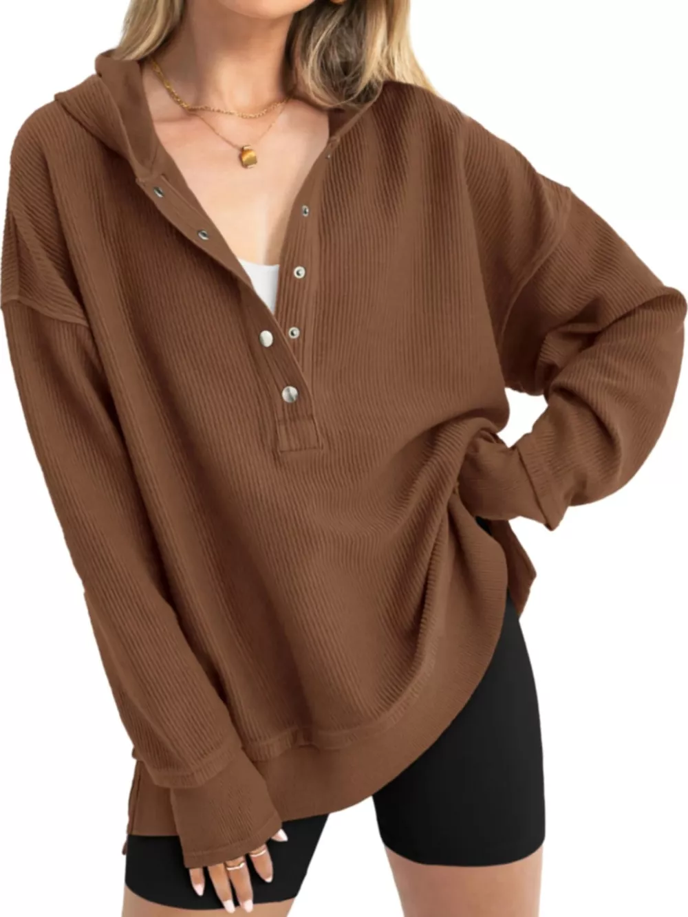 Full Size Snap Button Placket Dropped Shoulder Hoodie Plus Size, image 34