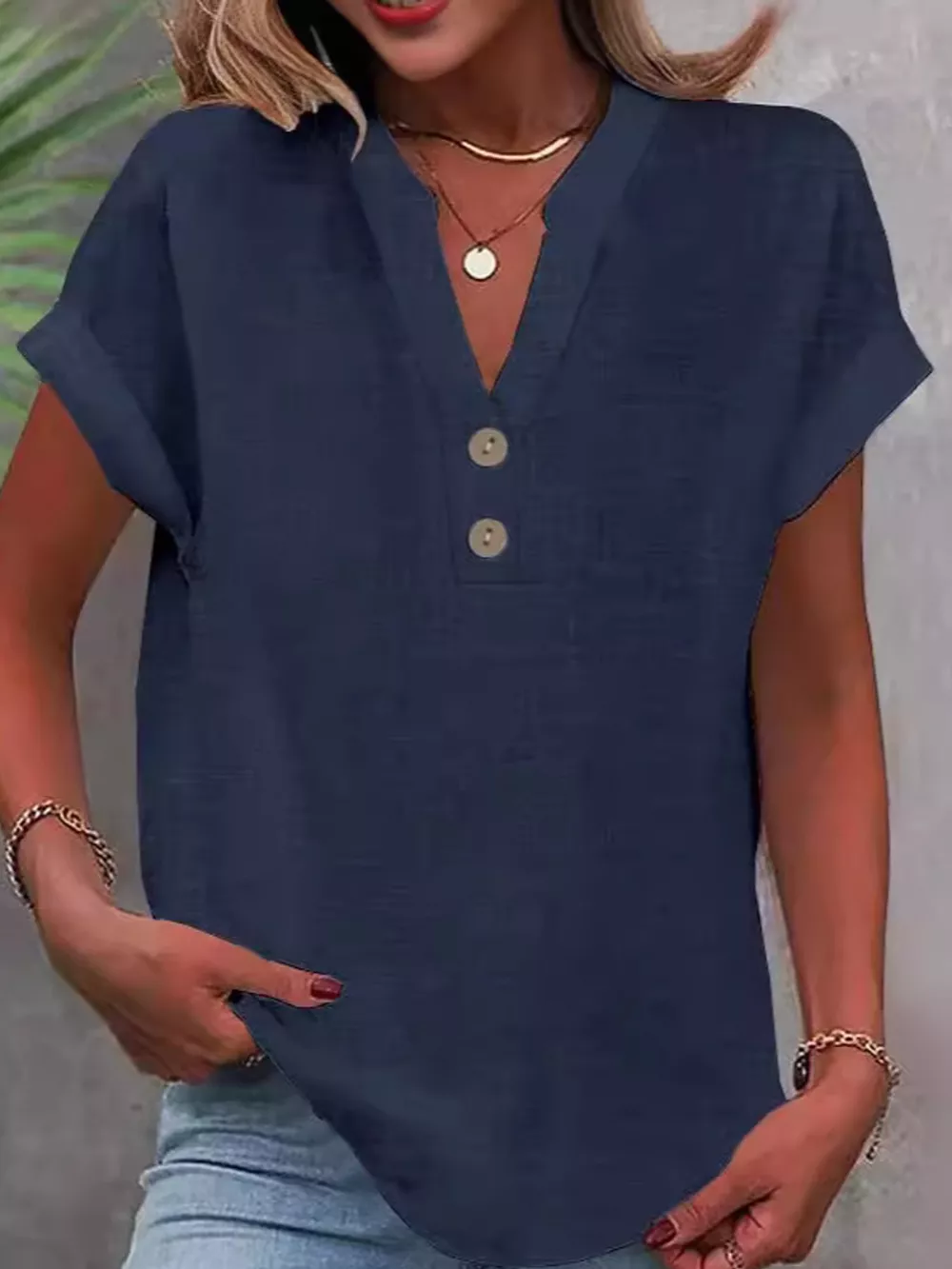 Full Size Button Detail Short Sleeve Blouse Plus Size, image 21