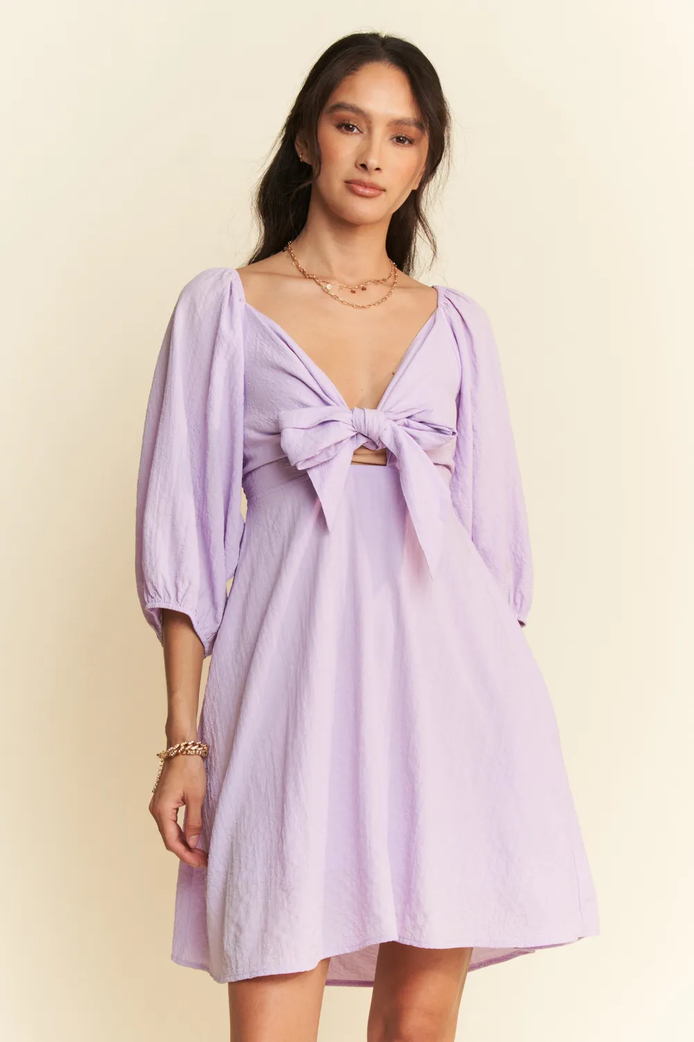 Self-Tie Puff Sleeve Smocking Open Back Mini Dress, image 2