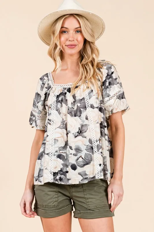 Floral Print Lace Trim Puff Sleeve Blouse, image 4