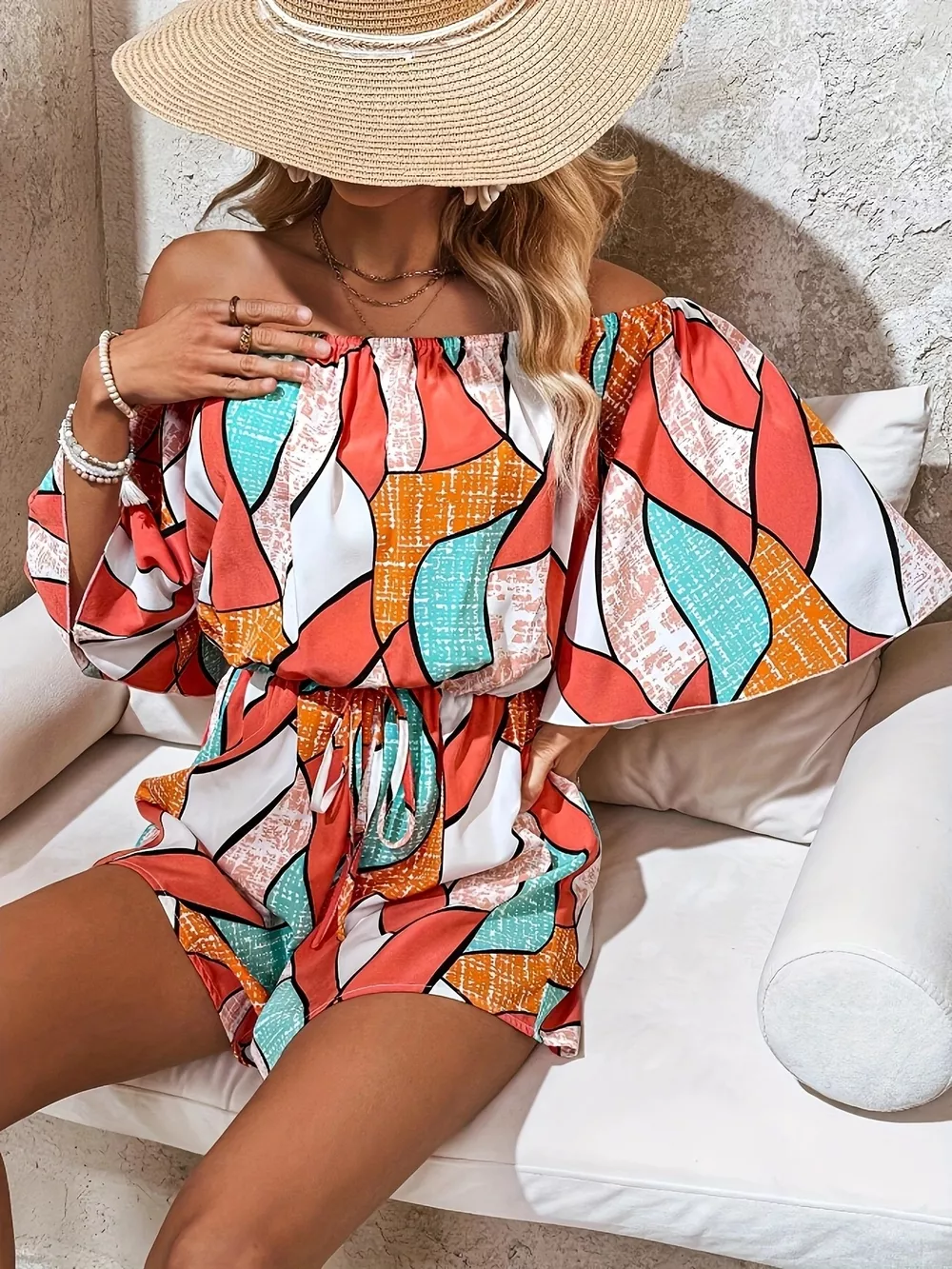 Off-Shoulder Drawstring Waist Romper, image 2