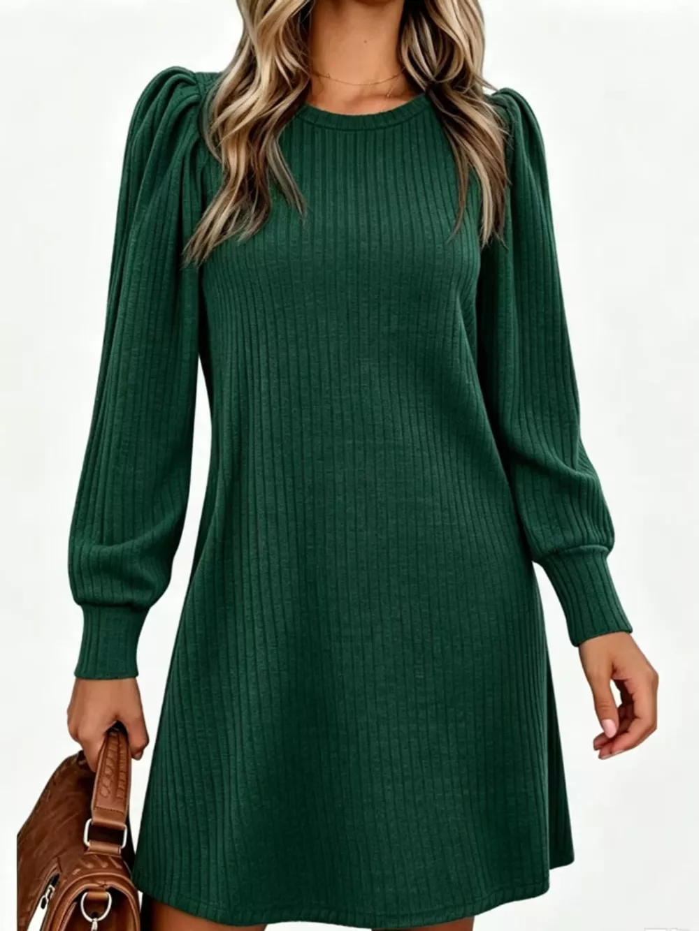 Puff Sleeve Ribbed Knit Dress with Pockets, image 12