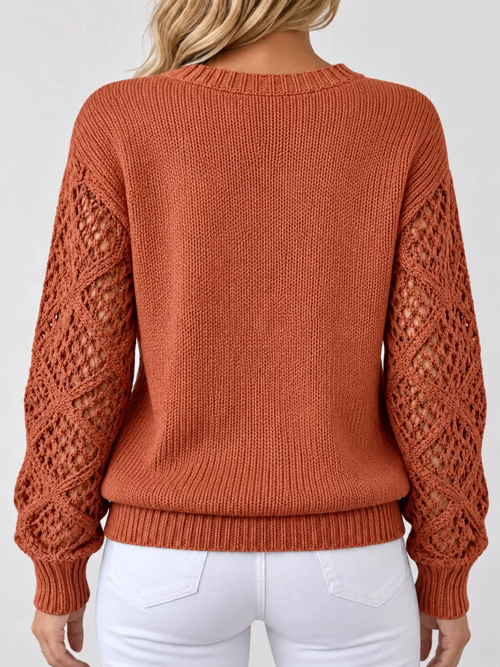 Full Size V-Neck Hollow-Out Long Sleeve Sweater Plus Size, image 4