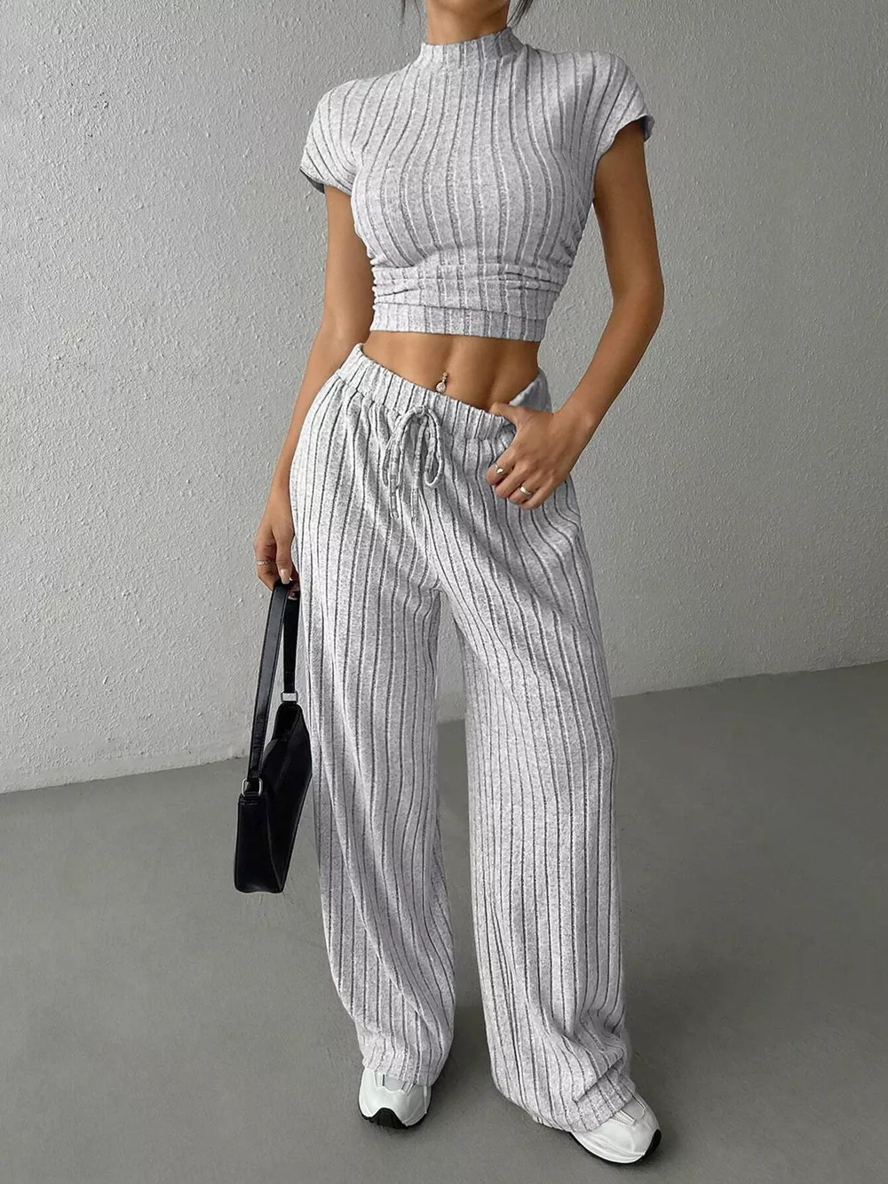 Ribbed Knit Top and Wide Leg Pants Set