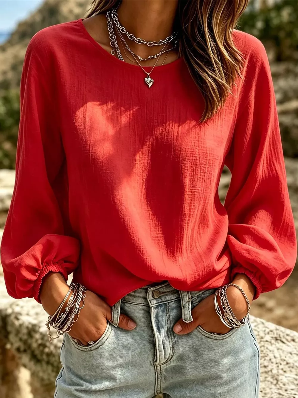 Full Size Elasticated Cuffs Long Sleeve Blouse Plus Size, image 20