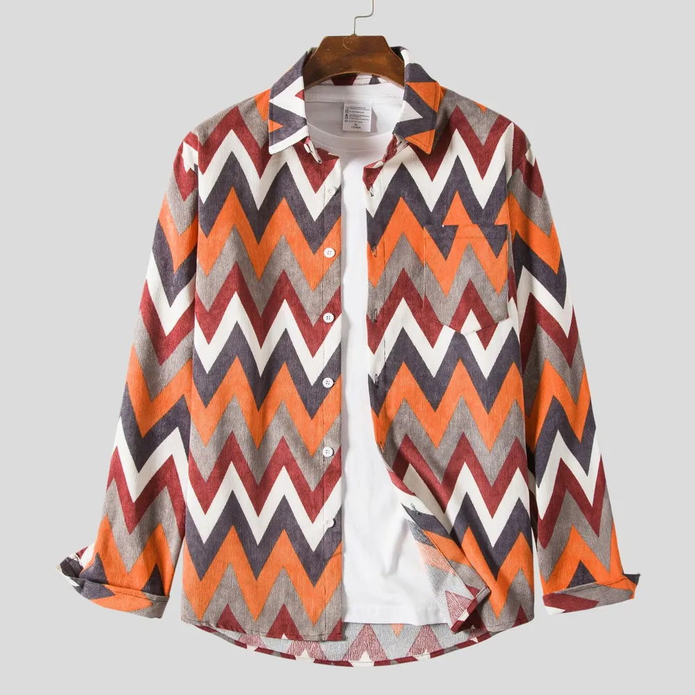 Men's Plus Size Geometric Chevron Pattern Long Sleeve Casual Shirt, image 3