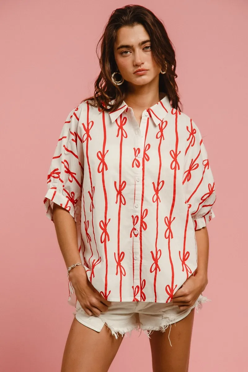 Bow Ribbon Woven Printed Button Down Shirt, image 9