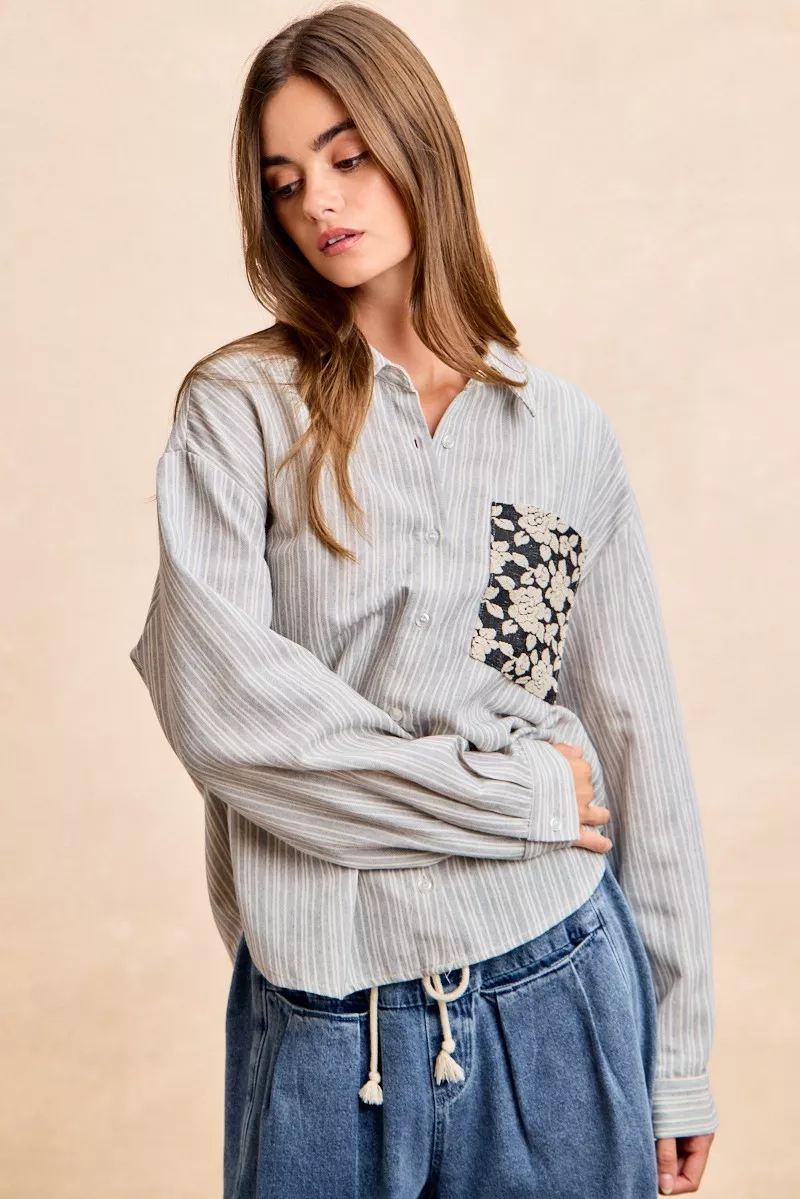 Flower Jacquard Knit Patch Pocket Stripe Shirt, image 5