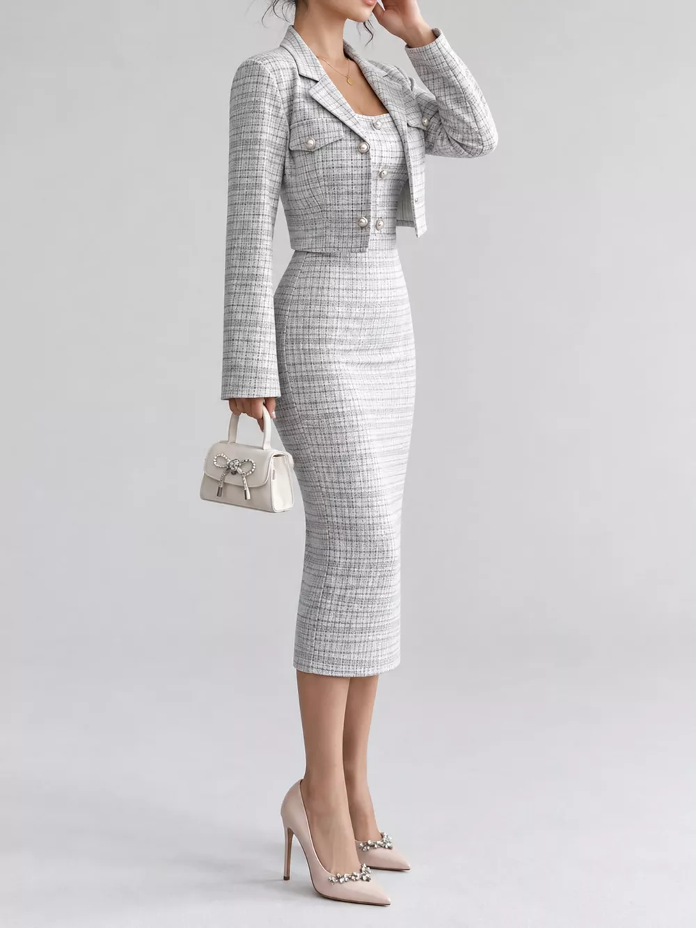 Tweed Square Neck Dress and Cardigan Set, image 7