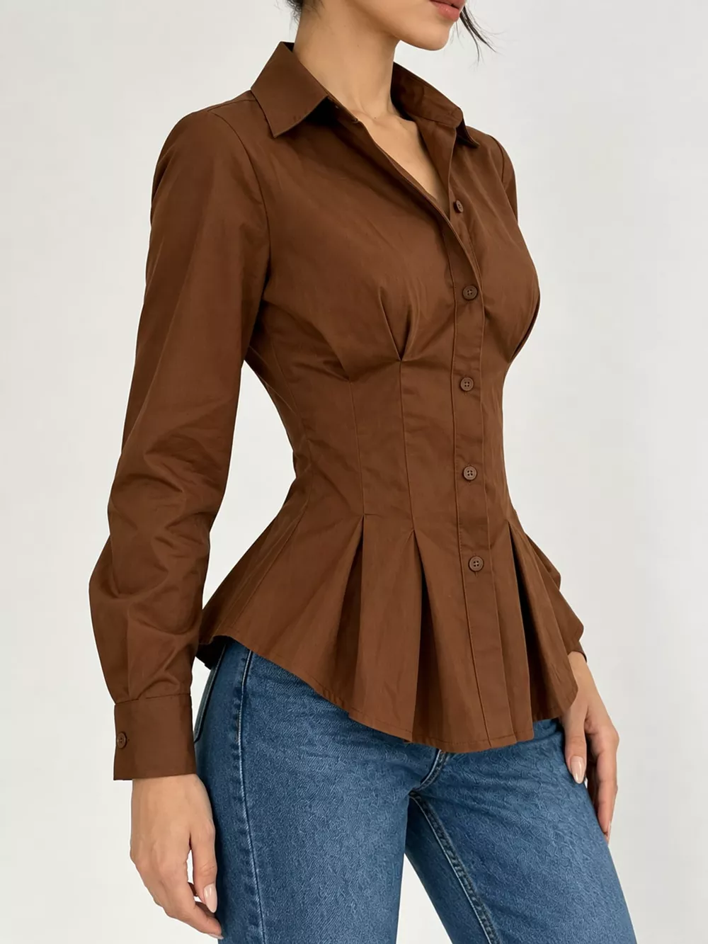 Button-Down Peplum Blouse with Fitted Waist, image 4