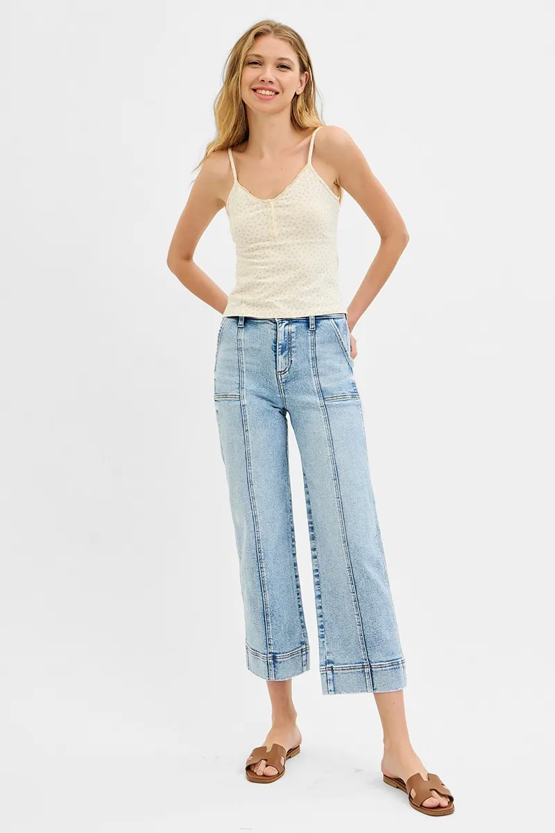 Full Size High Rise Crop Wide Front Seam Detailed Jeans Plus Size, image 2