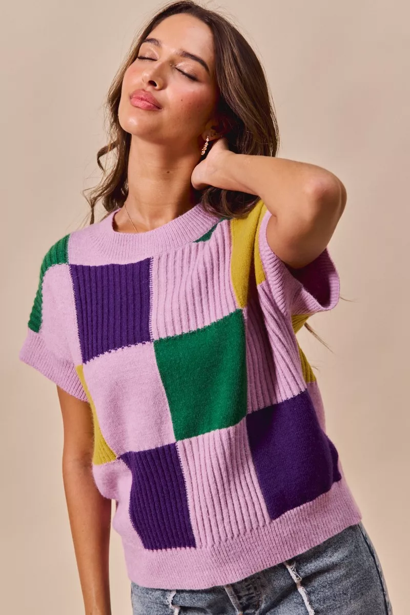 Mardi Gras Check Plaid Casual Sweater Top, image 7