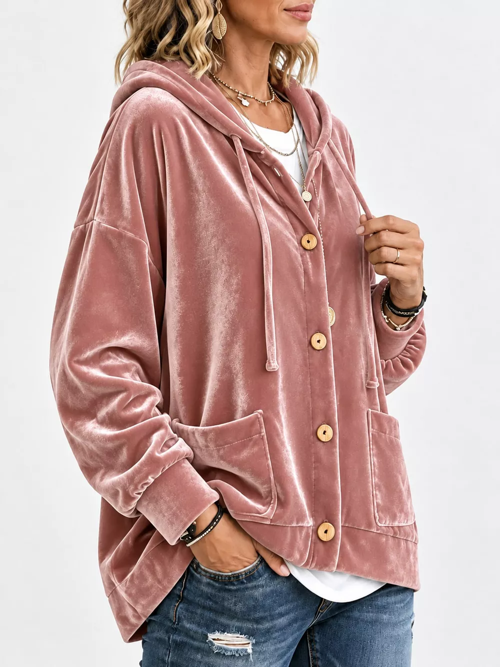 Full Size Velvet Dropped Shoulder Hoodie Plus Size, image 12