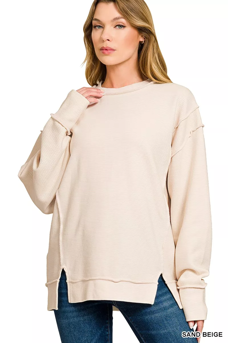 Acid Washed Double Ribbed Exposed-Seam Sweatshirt