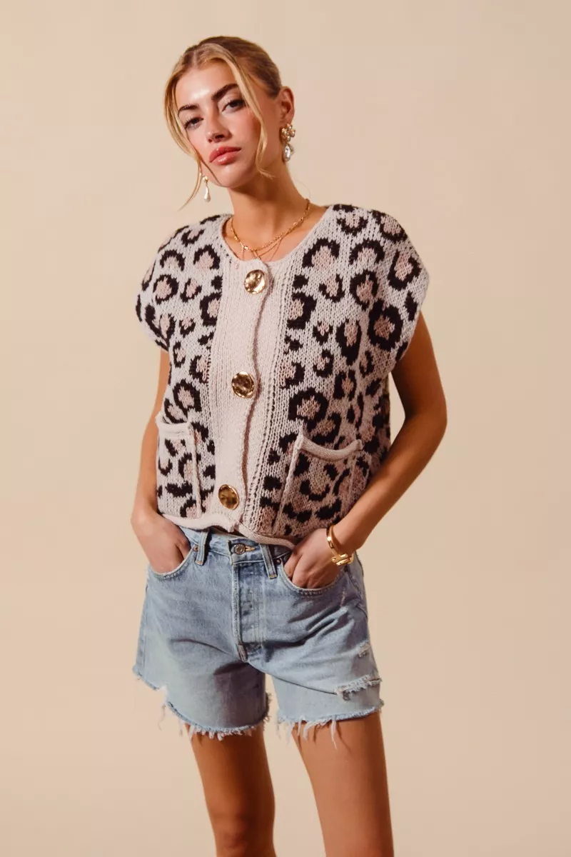 Big Metal Button Front Leopard Sweater Vest Top, image 2