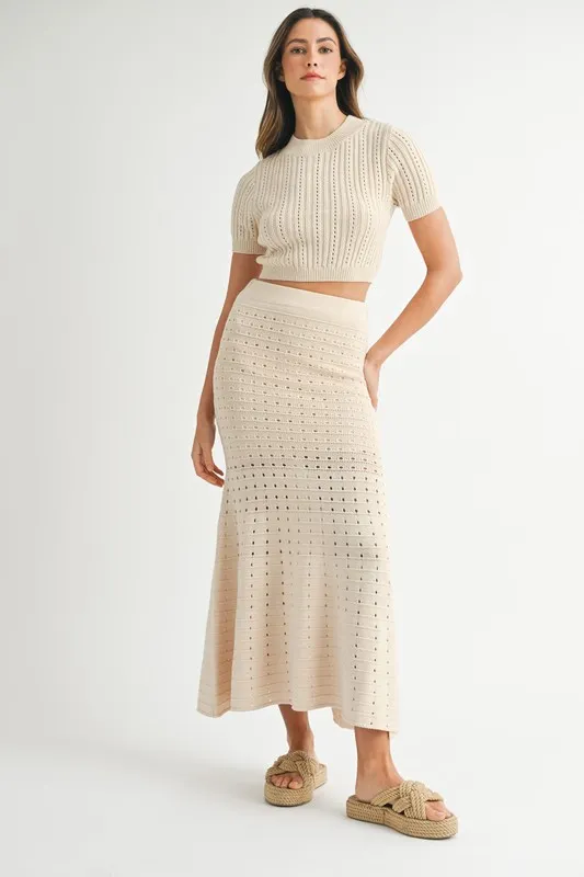 Pointelle Short Sleeve Crop Top and Slit Skirt Sweater Set