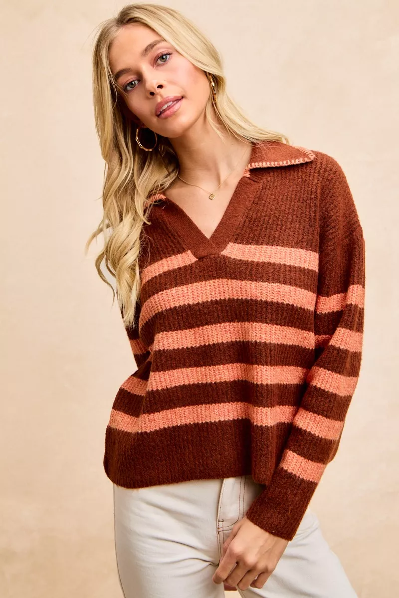 Striped Sweater Top with Collar Stitched Details, image 5