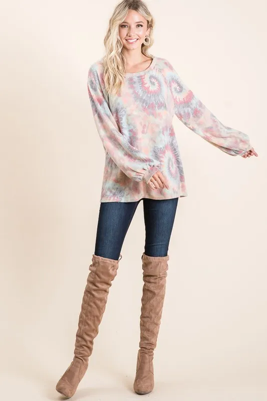 Brushed Tie Dye Print Top with Puff Sleeves, image 11