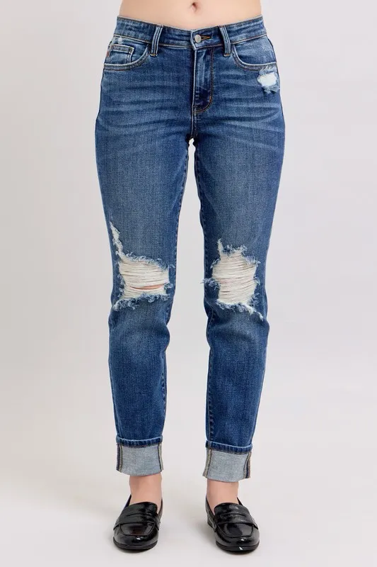 Full Size Mid Rise Boyfriend destroy Jeans with Yoke Pockets and Faux Selvedge Cuff Plus Size, image 6