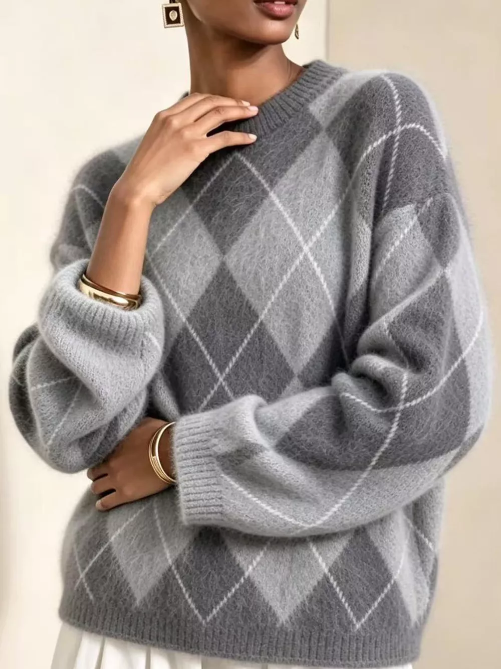 Argyle Pattern Fuzzy Knit Sweater, image 20