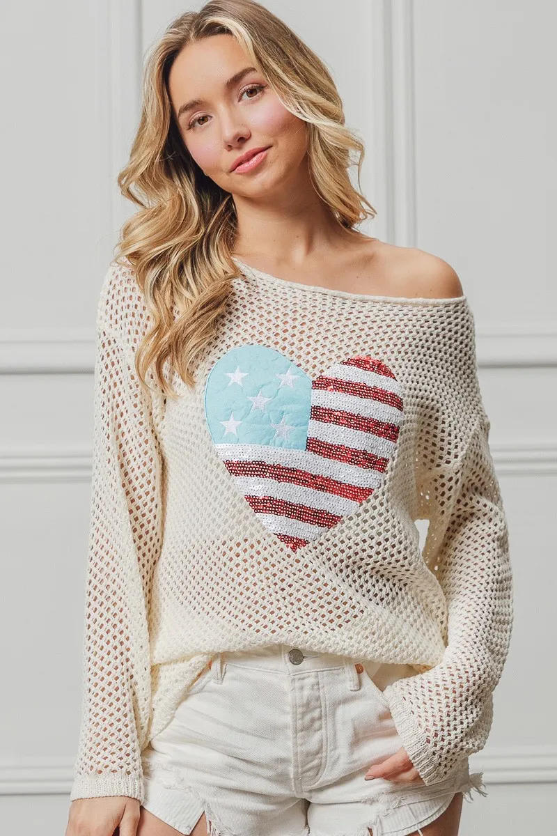 Sequin American Flag Heart Knit Up, image 2