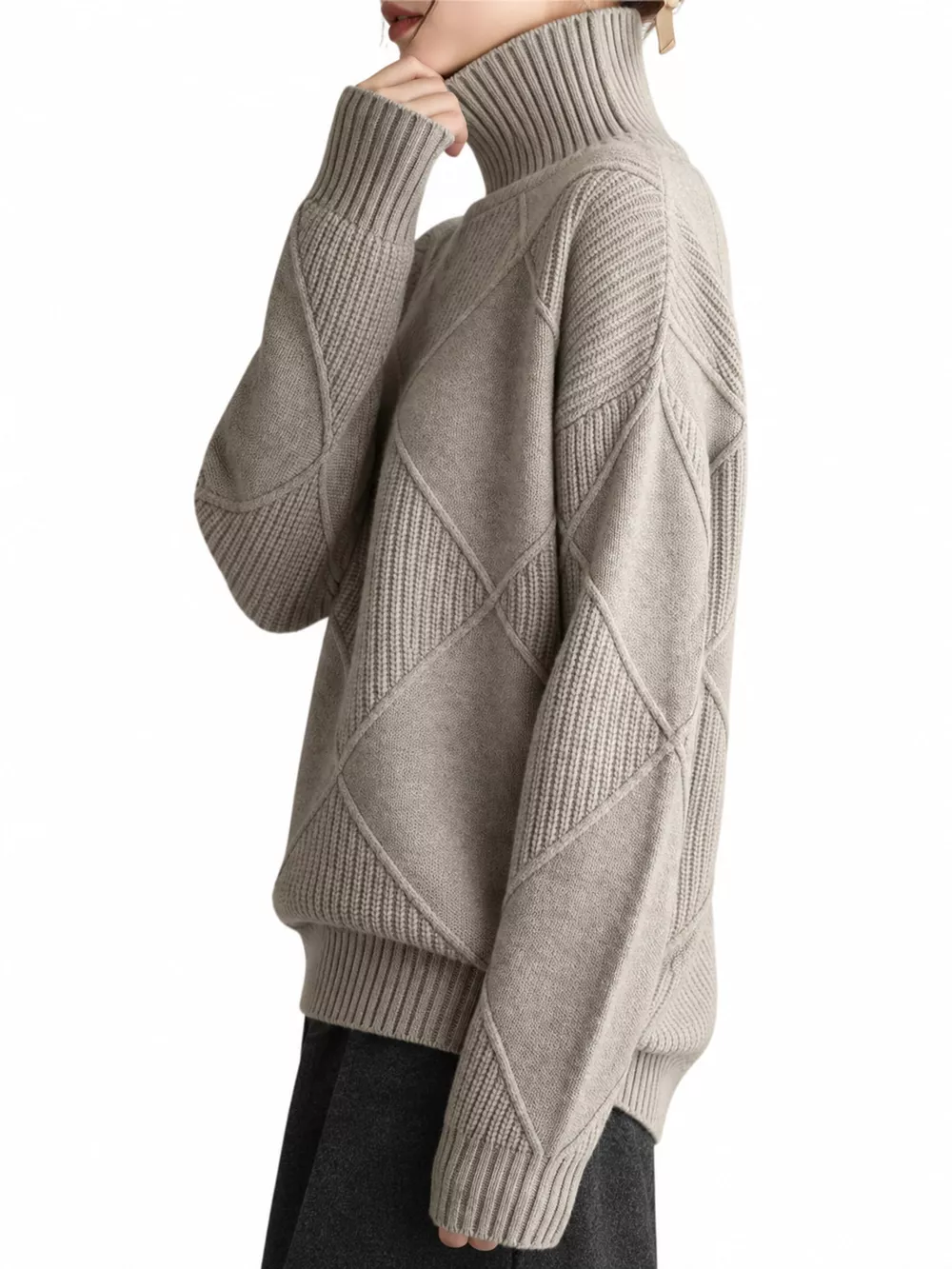 Full Size Diamond Pattern Turtleneck Sweater Plus Size, image 10