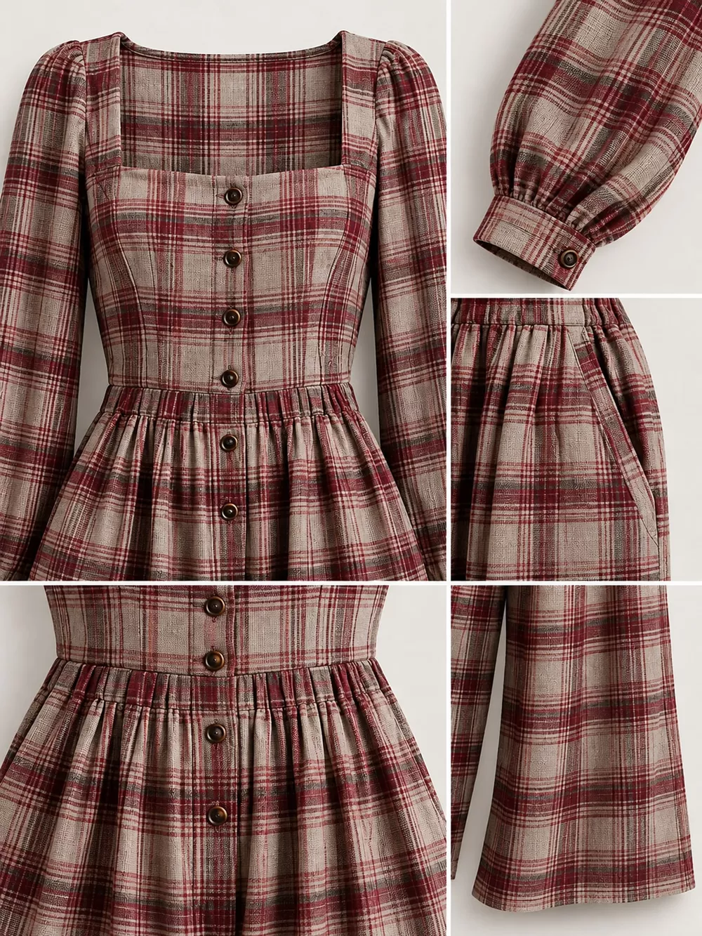 Plaid Square Neck Long Sleeve Wide-Leg Jumpsuit, image 4