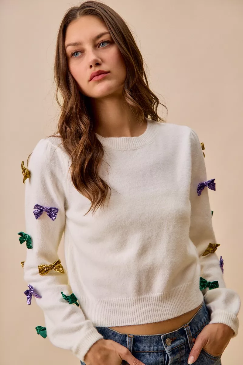 Mardi Gras Glitter Bow Ribbon Sweater Knit Top, image 23