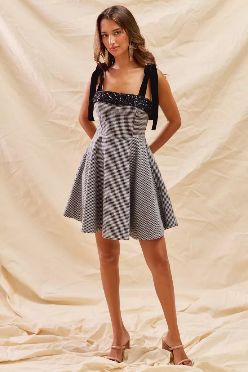 Houndstooth Fit Flare Mini Dress with Shoulder Tie, image 2