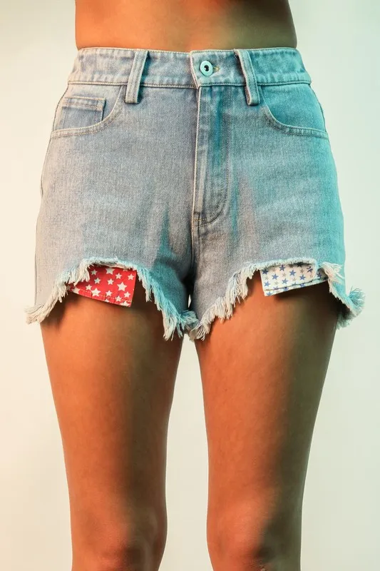 Raw Hem Pocketed Contrast Washed Denim Shorts, image 2