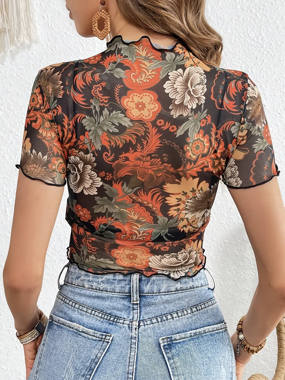 Floral Mesh Crop Top with Lettuce Trim, image 6