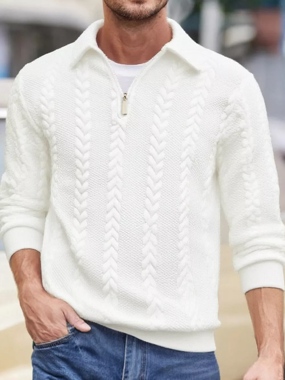 Men's Full Size Quarter-Zip Cable Knit Jacquard Sweatshirt Plus Size, image 3
