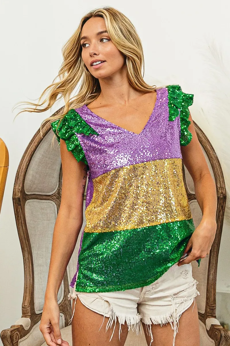 Mardi Gras Sequin Color Block Ruffled Top, image 2