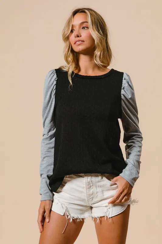Cable Sweater Knit Top with Contrast Puff Sleeve, image 5
