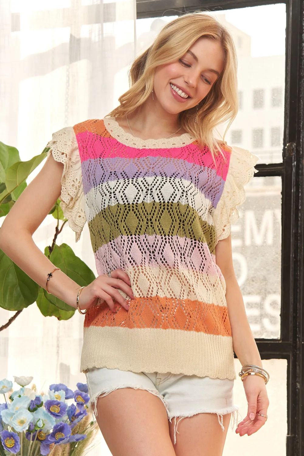 Eyelet Sleeve Multi Color Crochet Top, image 3