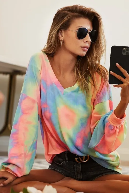 Tie Dye French Terry V Neck Top, image 2