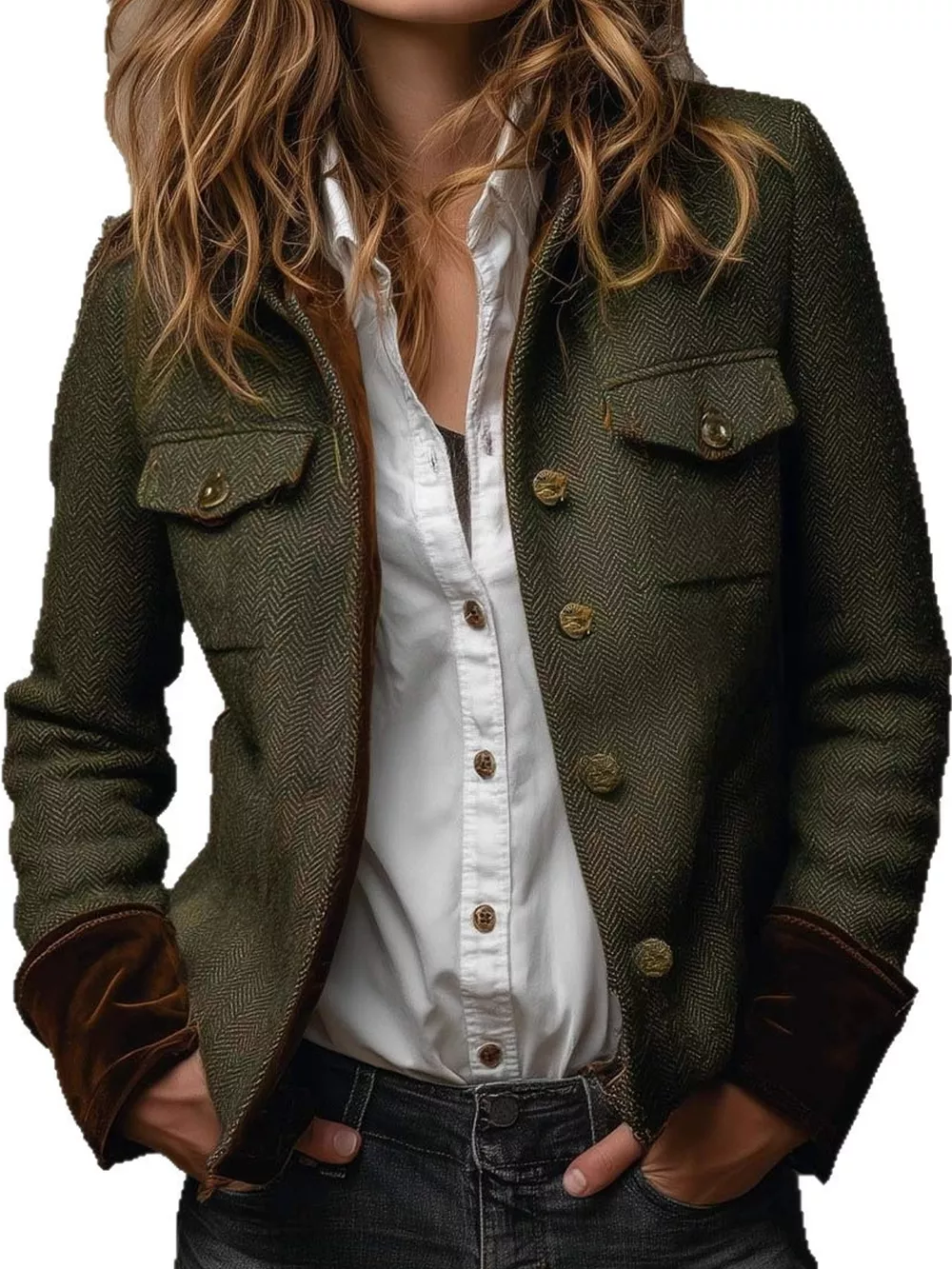 Full Size Vintage Herringbone Tweed Blazer with Velvet Cuffs Plus Size, image 3