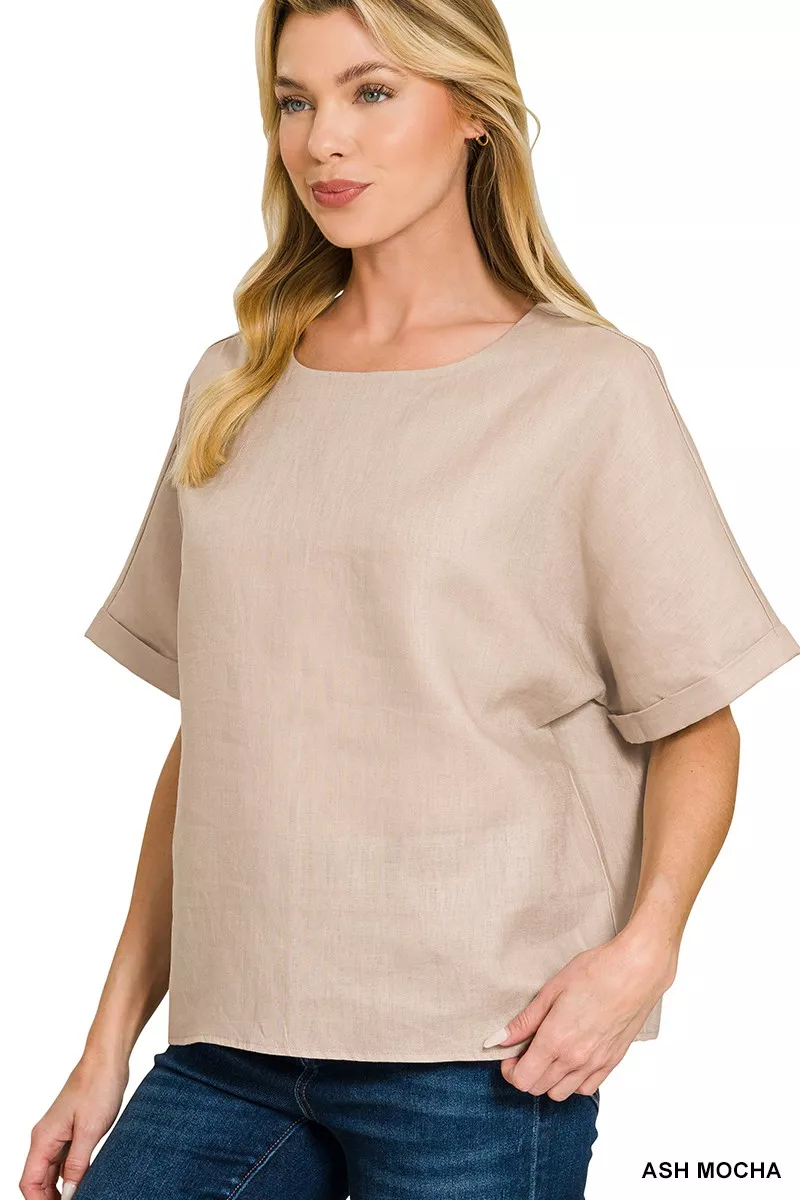 Linen Round Neck Cuffed Sleeve Top