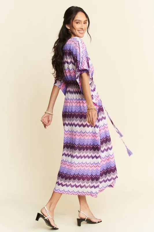 Multi Color Wavy Tie Waist Flowy Sleeve Dress, image 4