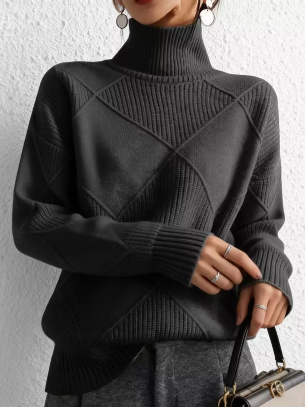 Full Size Diamond Pattern Turtleneck Sweater Plus Size, image 84