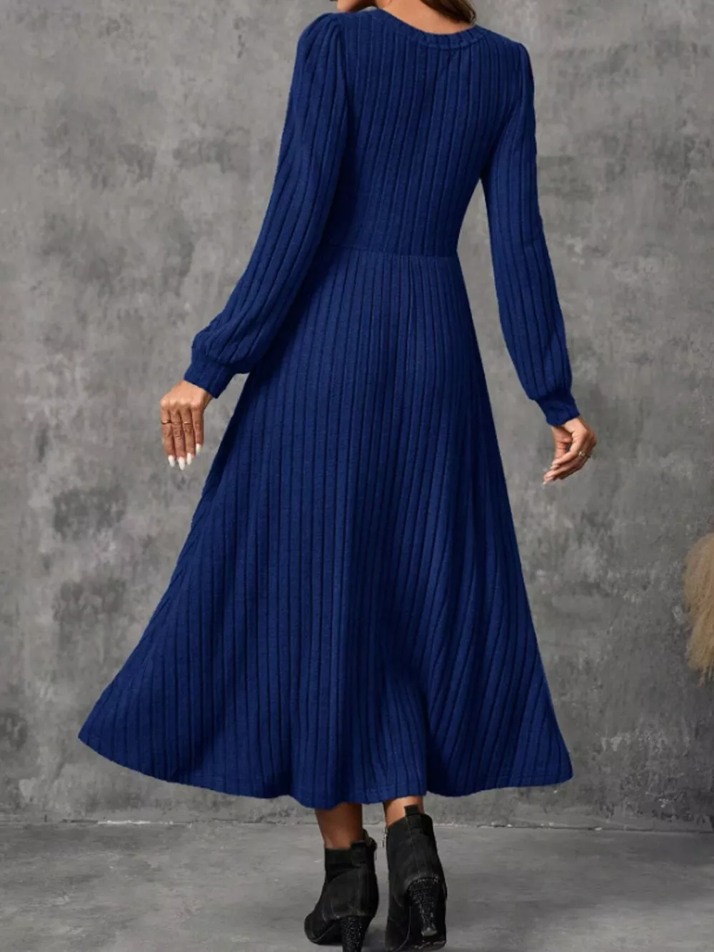 Ribbed Knit Long Sleeve A-Line Midi Dress, image 21
